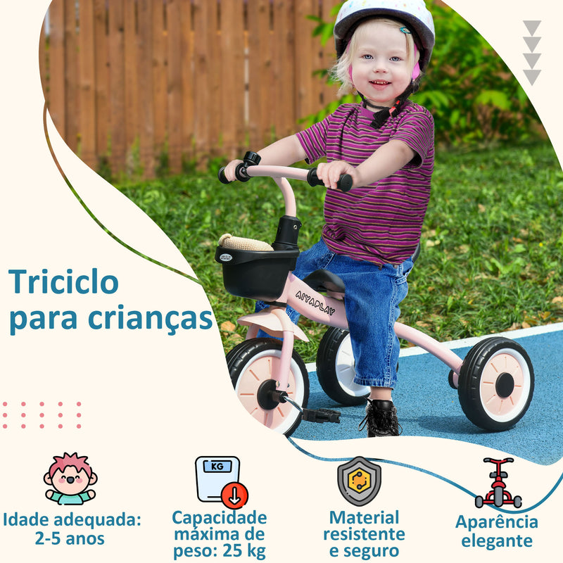 Triciclo para Crianças de 2 a 5 anos Triciclo Infantil com Assento Ajustável Cesta Buzina e Pedais e 3 Rodas Carga Máxima 25 kg 70,5x50x58 cm Rosa