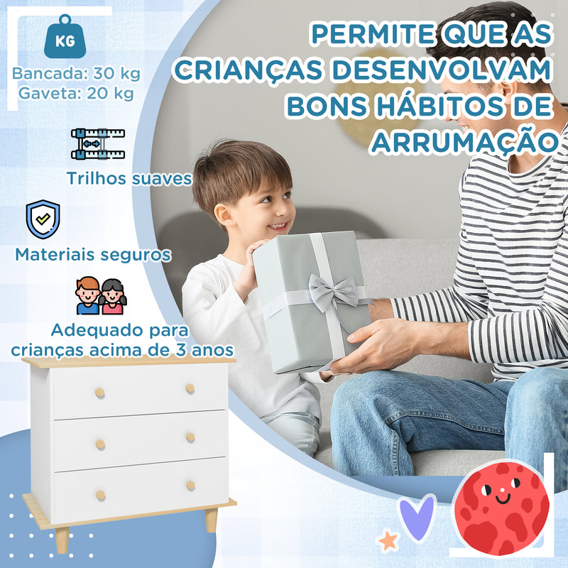 Cómoda para Crianças acima de 3 Anos Cómoda Auxiliar com Pés de Madeira para Armazenagem de Brinquedos Roupas Livros para Habitações de Crianças 80x40x75 cm Branco e Madeira