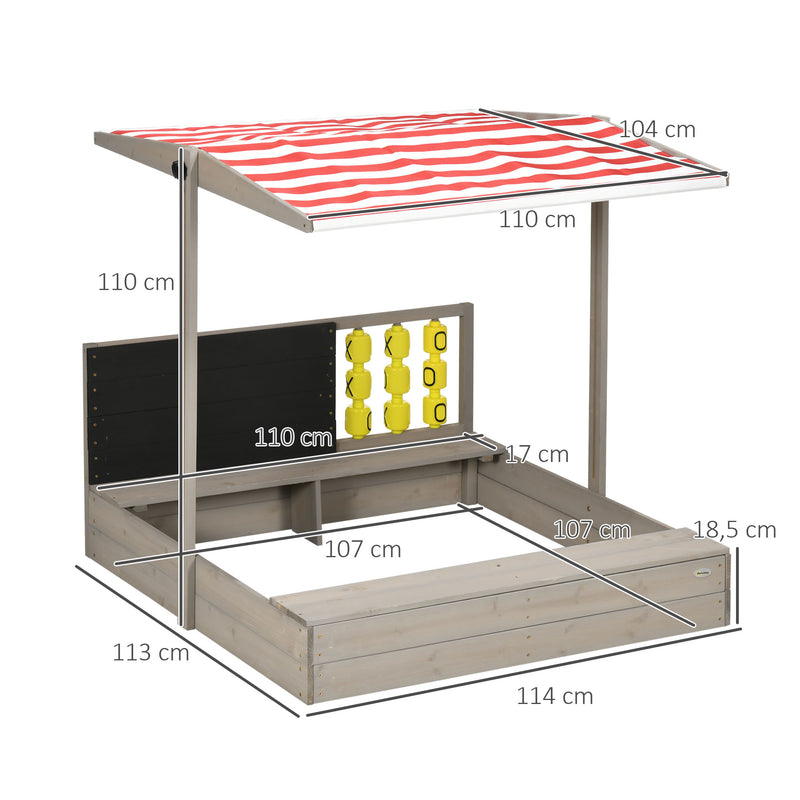 Caixa de Areia de Madeira para Crianças de 3-7 Anos Caixa de Areia Infantil com Teto Ajustável de Tecido não Tecido Banco de 2 Assentos Ardósia e Jogo para Pátio Jardim 114x113x110 cm Madeira