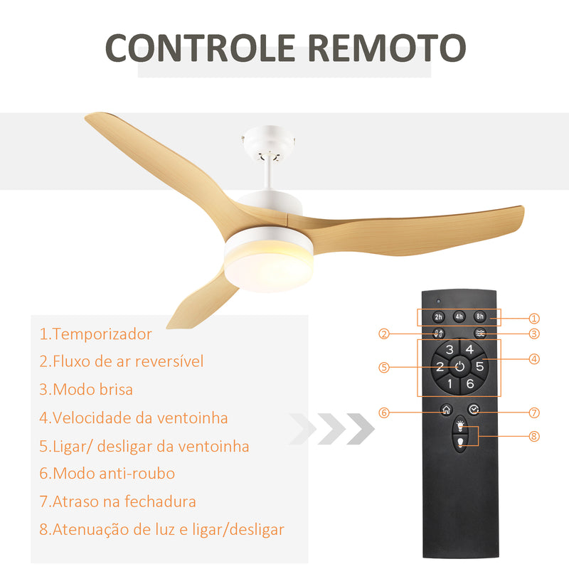 Ventoinha de Teto 20,5W Diâmetro 132cm com Controle Remoto Luz LED Ajustável em 3 Níveis 3 Lâminas Reversíveis 6 Velocidades e Temporizador para Dormitório Sala de Estar Madeira