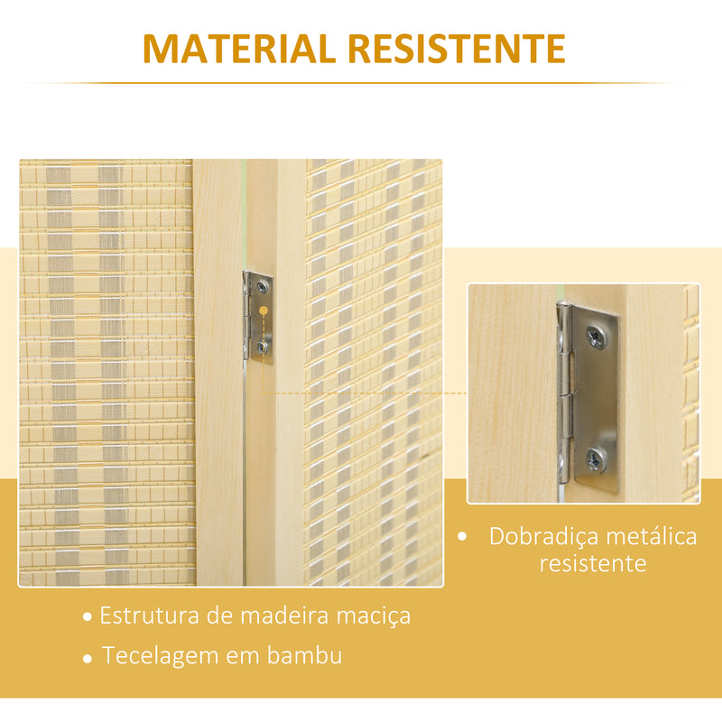 Biombo de 4 Painéis Dobrável 180x180 cm Separador de Ambientes Divisor de Habitação Tecido a Mão de Bambu e Fio de Algodão Decoração Elegante para Sala de Estar Madeira