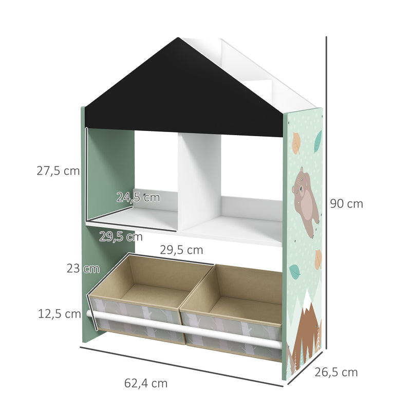 Estante para Brinquedos Organizador Infantil com Prateleiras Abertas e 2 Caixas de Tecido não Tecido Amovíveis para Sala de Jogos Dormitório Escola Infantil 62,4x26,5x90 cm Verde