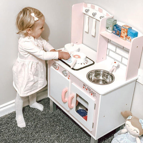 Cozinha de brinquedo para crianças acima de 3 anos brinquedo educativo com espaço de armazenamento acessórios incluídos som 55x 30x 80cm rosa