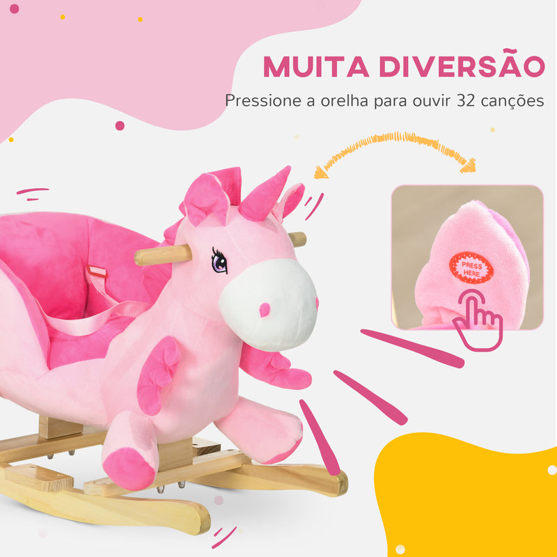 Cavalo Baloiço para Bebés 18-36 Meses Cavalo Baloiço em Forma de Unicornio com Música Cinto de Segurança Guiador e Apoio para os Pés Carga Máxima 30 kg 65x35x45 cm Rosa