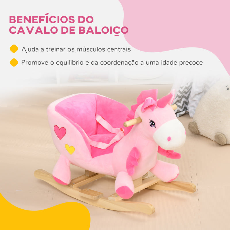 Cavalo Baloiço para Bebés 18-36 Meses Cavalo Baloiço em Forma de Unicornio com Música Cinto de Segurança Guiador e Apoio para os Pés Carga Máxima 30 kg 65x35x45 cm Rosa