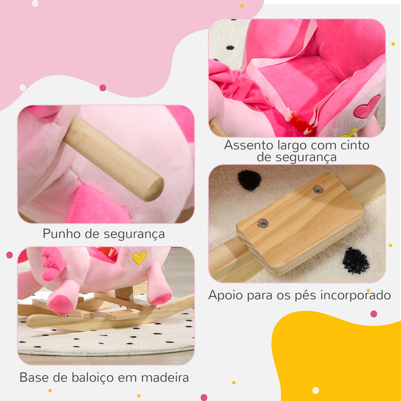 Cavalo Baloiço para Bebés 18-36 Meses Cavalo Baloiço em Forma de Unicornio com Música Cinto de Segurança Guiador e Apoio para os Pés Carga Máxima 30 kg 65x35x45 cm Rosa