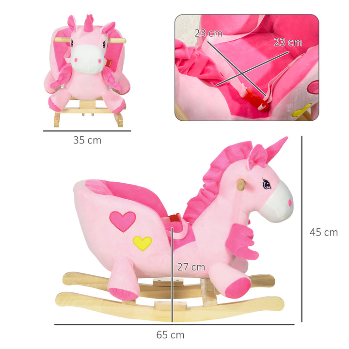 Cavalo Baloiço para Bebés 18-36 Meses Cavalo Baloiço em Forma de Unicornio com Música Cinto de Segurança Guiador e Apoio para os Pés Carga Máxima 30 kg 65x35x45 cm Rosa