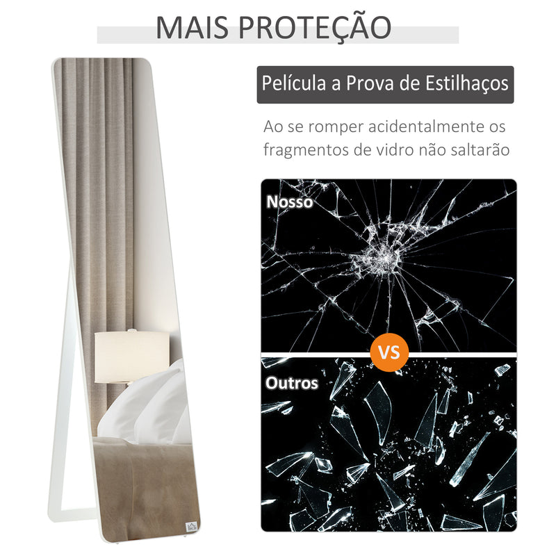 Espelho de Pé de Corpo Inteiro Retangular Espelho de Parede com 2 Formas de Uso Estrutura de Madeira de Pinho para Dormitórios Sala de Estar Corredor 37x43x156cm Branco