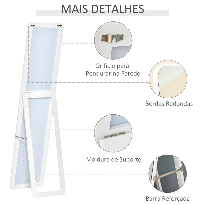 Espelho de Pé de Corpo Inteiro Retangular Espelho de Parede com 2 Formas de Uso Estrutura de Madeira de Pinho para Dormitórios Sala de Estar Corredor 37x43x156cm Branco