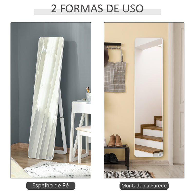 Espelho de Pé de Corpo Inteiro Retangular Espelho de Parede com 2 Formas de Uso Estrutura de Madeira de Pinho para Dormitórios Sala de Estar Corredor 37x43x156cm Branco