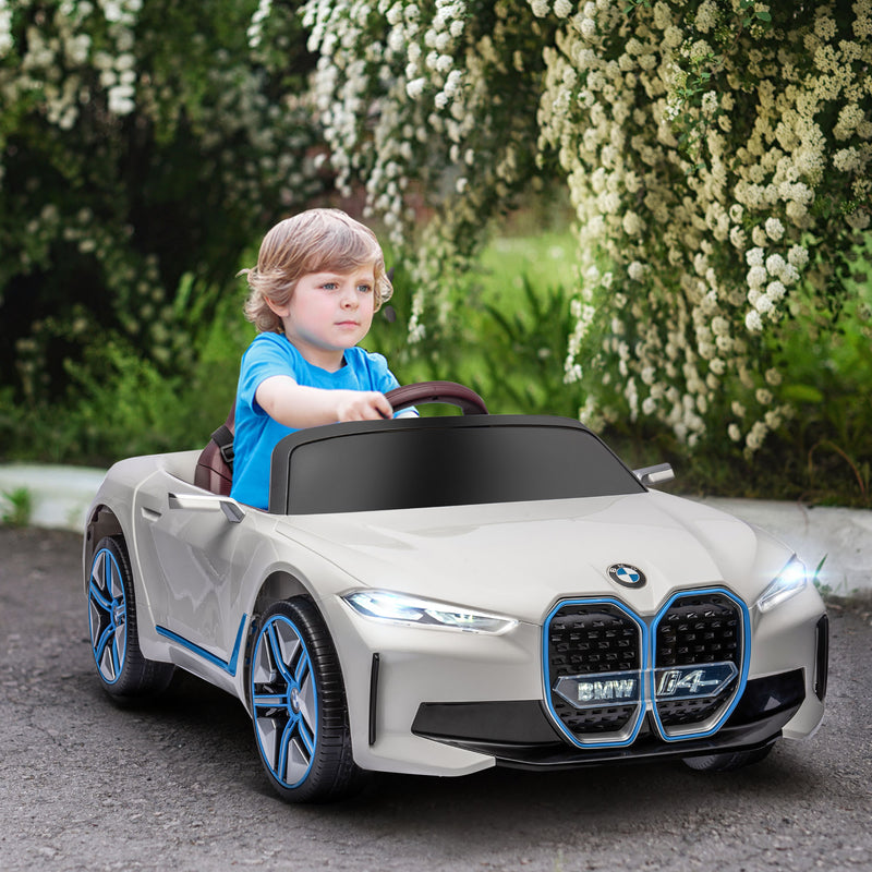 Carro Elétrico para Crianças 37-72 Meses com Licença BMW i4 Carro a Bateria 12V com Controlo Remoto Música MP3 Ecrã Luzes e Cinto de Segurança 115x67x45 cm Branco