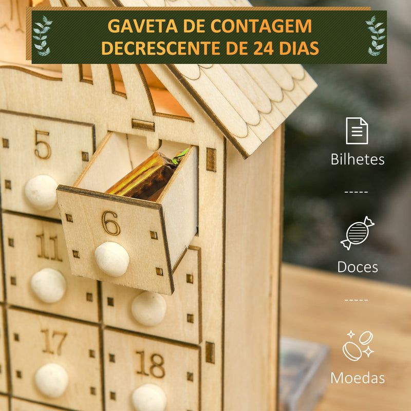 Calendário de Advento de Madeira com Luzes Calendário de Advento com 24 Caixas de Contagem Regressiva Decoração de Natal 26,6x6x30 cm Madeira