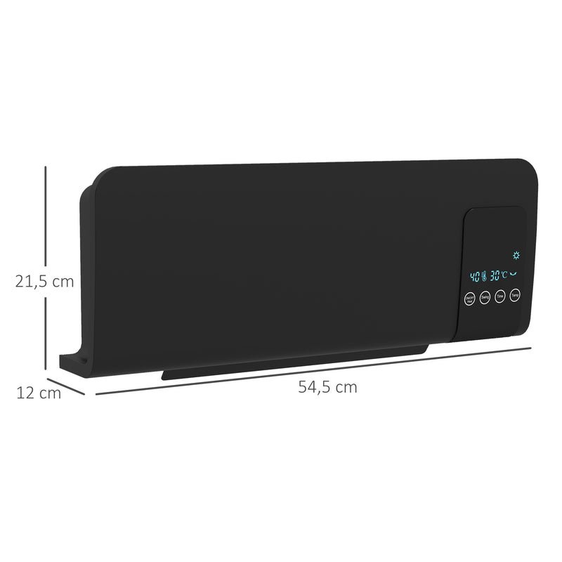 Aquecedor Elétrico de Parede 1000W/2000W Aquecedor com Ecrã LED Controlo Remoto Termostato Temporizador para Áreas de 15-20 m² 54,5x12x21,5 cm Preto