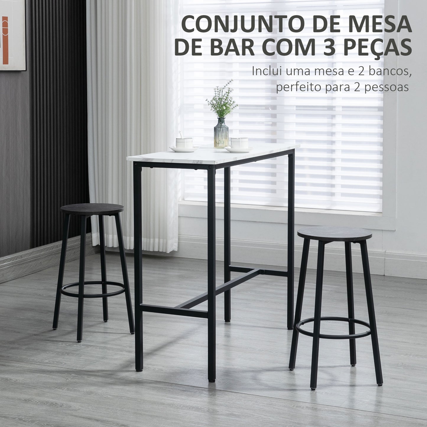 Conjunto de Mesa Alta com 2 Bancos Redondos Conjunto de 3 Peças com Estrutura de Aço Estilo Moderno para Cozinha Sala de Estar Branco e Preto