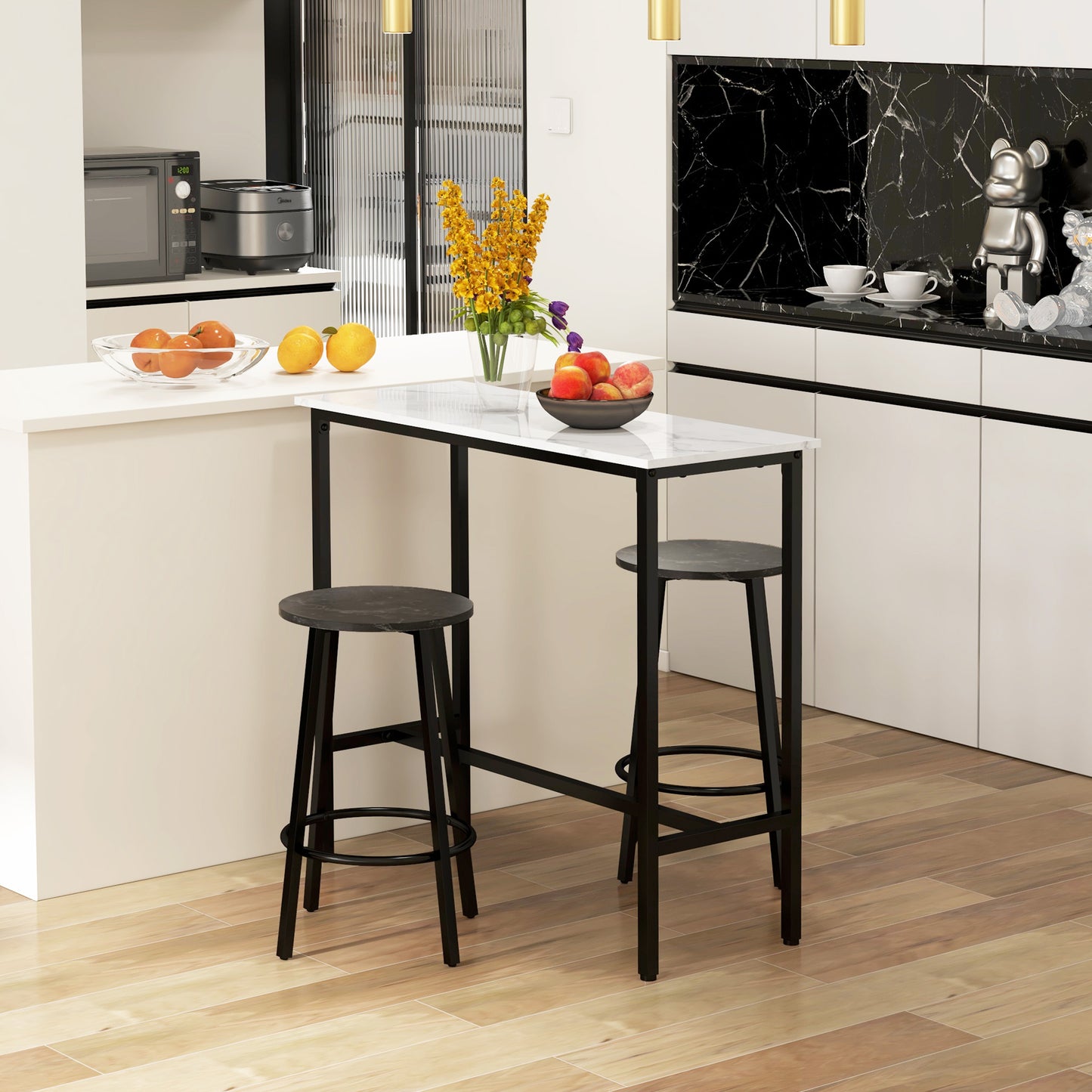 Conjunto de Mesa Alta com 2 Bancos Redondos Conjunto de 3 Peças com Estrutura de Aço Estilo Moderno para Cozinha Sala de Estar Branco e Preto