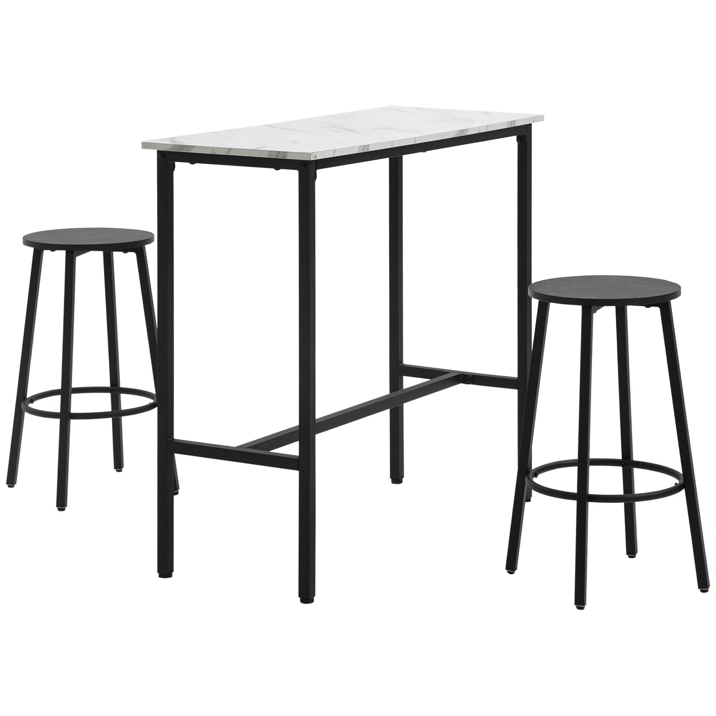 Conjunto de Mesa Alta com 2 Bancos Redondos Conjunto de 3 Peças com Estrutura de Aço Estilo Moderno para Cozinha Sala de Estar Branco e Preto