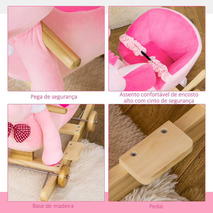 Cavalo Baloiço com Rodas e Forma de Elefante Cavalo Baloiço para Bebés acima de 18 Meses com Músicas Infantis e Cinto de Segurança Carga Máxima 60 kg 60x35x45 cm Rosa