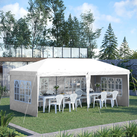 Tenda Dobrável 585x295x270 cm com 4 Paredes Laterais Amovíveis Tenda de Jardim com 4 Janelas e Bolsa de Transporte para Pátio Exterior Branco