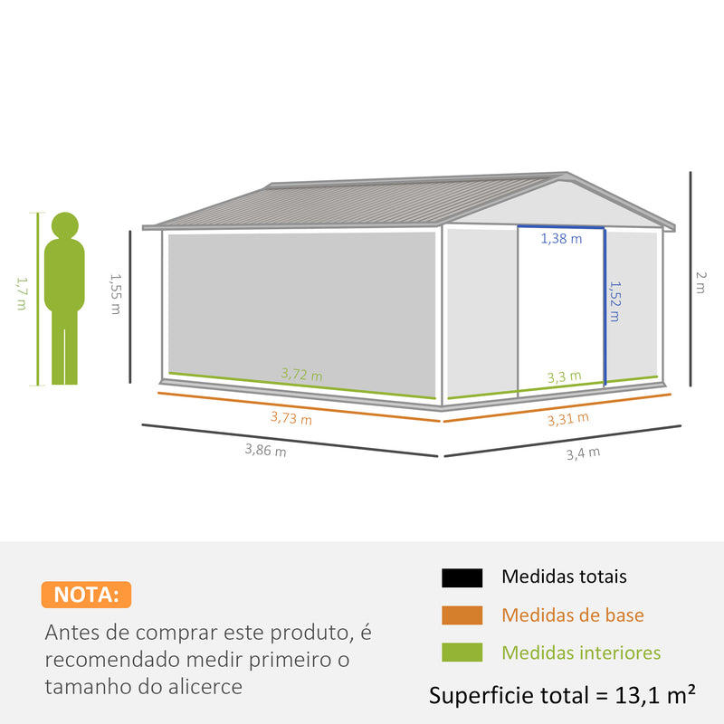 Abrigo de Jardim 340x386x200 cm 13,1 m² Abrigo de Exterior de Aço para Armazenamento de Ferramentas com Portas de Correr e Ventilações Cinza Claro