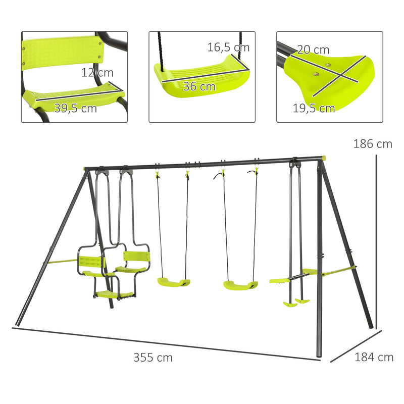 Conjunto de Baloiços Infantil com 2 Baloiços Baloiço Duplo e Estrutura de Aço Baloiços para Crianças de 3-8 Anos 355x184x186 cm Verde