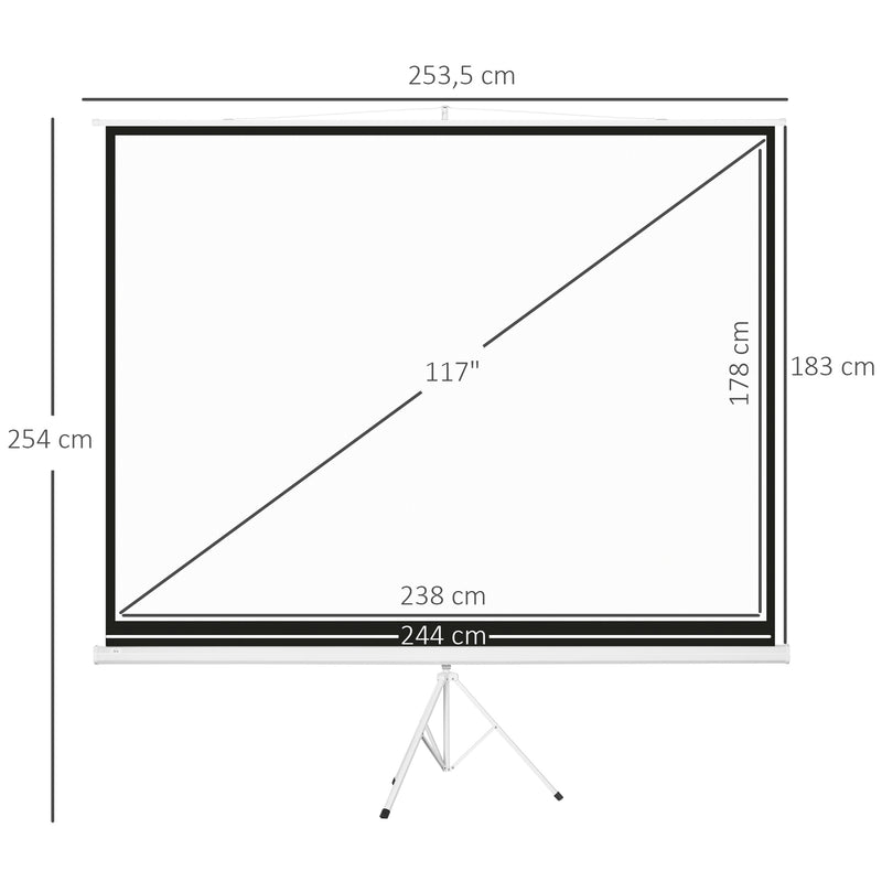 Tela de Projeção Manual com Suporte 120 Polegadas Tela de Projeção Formato 4:3 com Altura Ajustável para Cinema em Casa 244x183 cm Branco