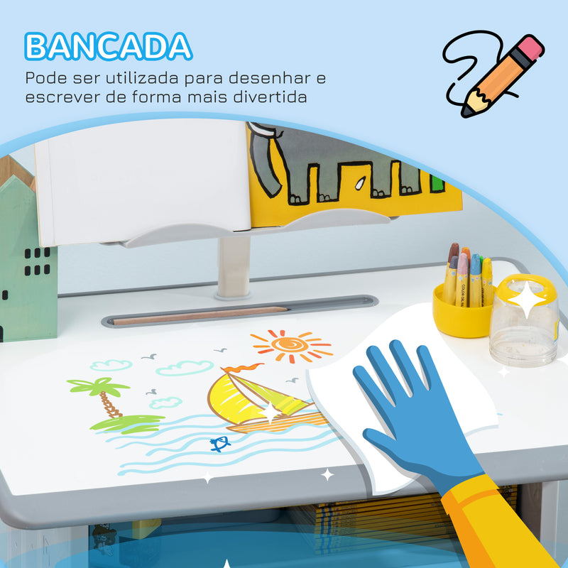 Conjunto de Secretária e Cadeira para Crianças de 6-12 Anos Secretária Infantil com Altura Ajustável 1 Gaveta 1 Suporte para Lápis e 1 Prateleira para Livros 60x45x90-120 cm Cinza