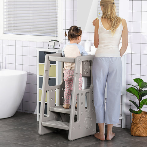 Torre de Aprendizagem para Crianças Banco Infantil com Altura Ajustável em 3 Posições e Plataforma Antiderrapante para Cozinha Sala de Jantar Casa de Banho 47x47x90cm Cinza