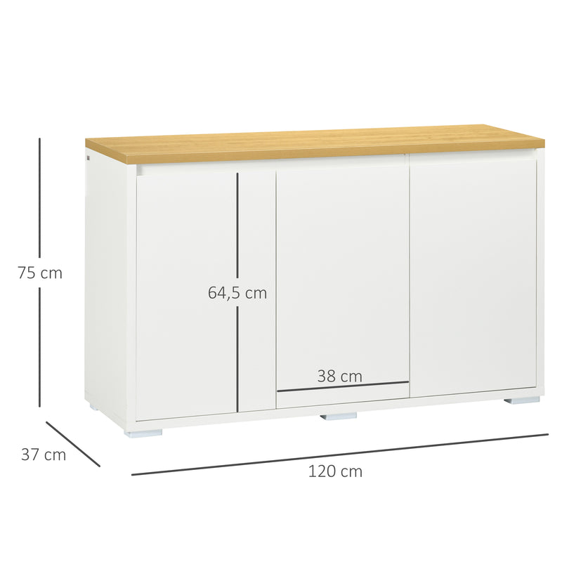 Aparador de Sala de Estar Armário de Armazenamento Móvel Auxiliar de Cozinha com 3 Portas e Prateleiras Ajustáveis para Sala de Jantar Entrada 120x37x75 cm Branco e Madeira