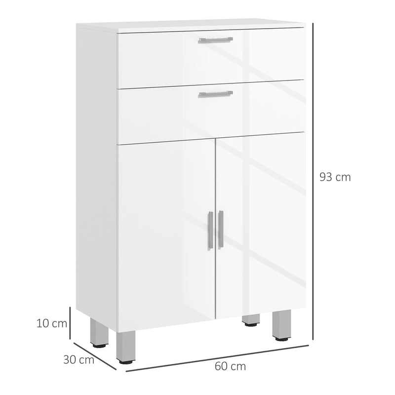 Móvel Auxiliar Casa de Banho Moderno com 2 Gavetas Armário e Prateleiras Ajustáveis Móvel de Armazenamento para Casa de Banho Carga Máxima 35 kg 60x30x93 cm Branco