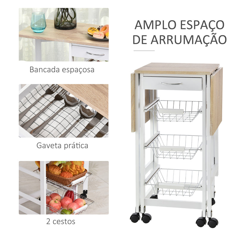 Carrinho de Cozinha Dobrável Carrinho Auxiliar com Rodas 1 Gaveta e 3 Cestos de Metal Carrinho de Serviço Multifuncional para Armazenamento Carga 50 kg 97,2x37x77,5 cm Branco e Madeira