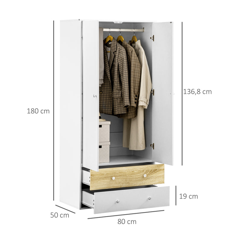 Roupeiro de Madeira Armário para Roupas com 2 Portas 2 Gavetas e 1 Barra para Pendurar Estilo Moderno para Dormitório 80x50x180 cm Branco e Carvalho