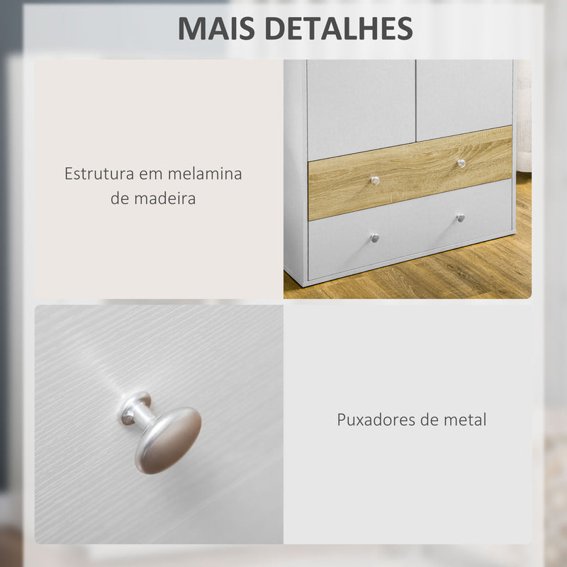 Roupeiro de Madeira Armário para Roupas com 2 Portas 2 Gavetas e 1 Barra para Pendurar Estilo Moderno para Dormitório 80x50x180 cm Branco e Carvalho