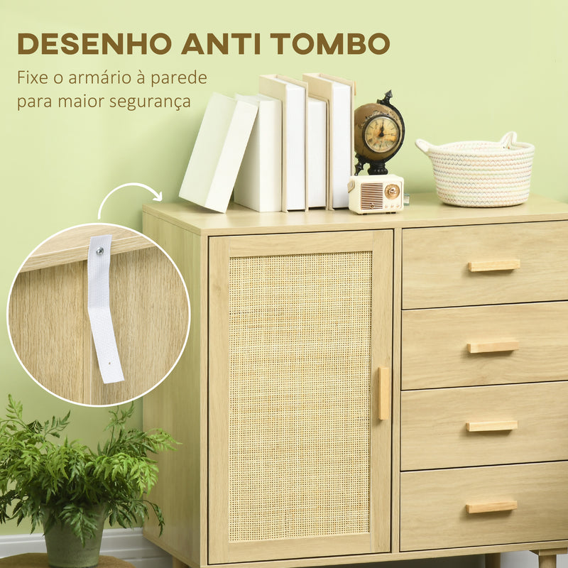 Aparador Sala de Estar Estilo Cannage Armário Buffet com Porta de Vime 4 Gavetas e Pés de Madeira de Pinho para Cozinha Entrada 80x38x80,5 cm Madeira