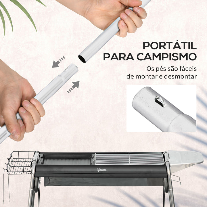 Barbecue a Carvão Barbecue Portátil com Grelha de Aço Inoxidável Prateleira para Temperos e Prateleira de Armazenamento para Jardim Campismo 96x61x72 cm Preto