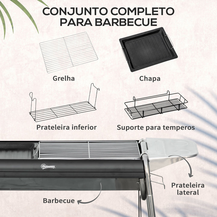 Barbecue a Carvão Barbecue Portátil com Grelha de Aço Inoxidável Prateleira para Temperos e Prateleira de Armazenamento para Jardim Campismo 96x61x72 cm Preto