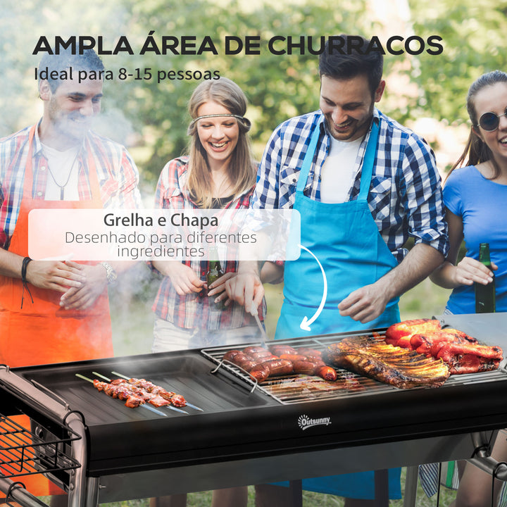 Barbecue a Carvão Barbecue Portátil com Grelha de Aço Inoxidável Prateleira para Temperos e Prateleira de Armazenamento para Jardim Campismo 96x61x72 cm Preto