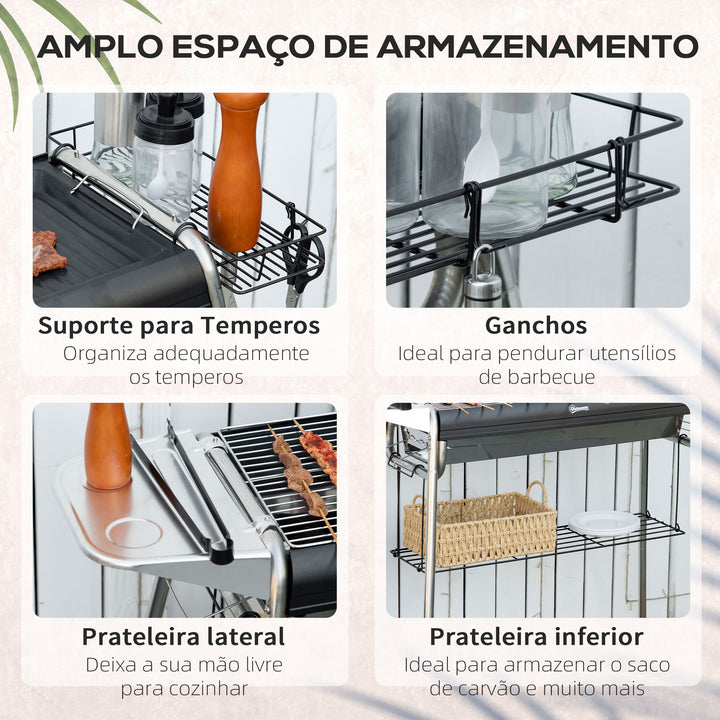 Barbecue a Carvão Barbecue Portátil com Grelha de Aço Inoxidável Prateleira para Temperos e Prateleira de Armazenamento para Jardim Campismo 96x61x72 cm Preto