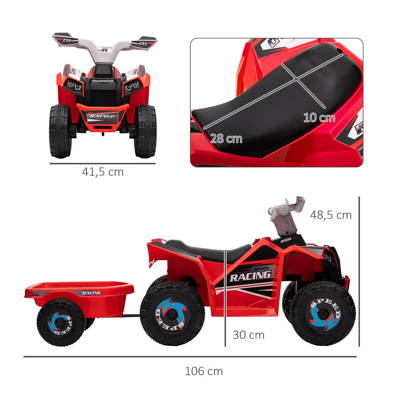 Quadriciclo Elétrico para Crianças com Reboque a Bateria 6V Carro Elétrico para Crianças de 18-36 Meses com Velocidade 2,5 km/h Carga Máxima 106x41,5x48,5 cm Vermelho