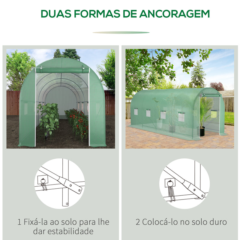 Estufa tipo Túnel 500x200x205 cm Estufa de Jardim com Porta Enrolável e 8 Janelas Cobertura de PE 140 g/m² Estrutura de Metal para Cultivo de Plantas Verduras Verde