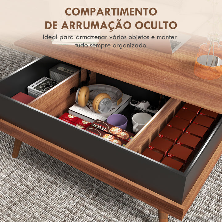 Mesa de Centro Elevatória Mesa de Centro Sala de Estar com 3 Compartimentos de Armazenamento Ocultos e Pés de Madeira para Escritório Dormitório 100x79x54 cm Marrom e Preto