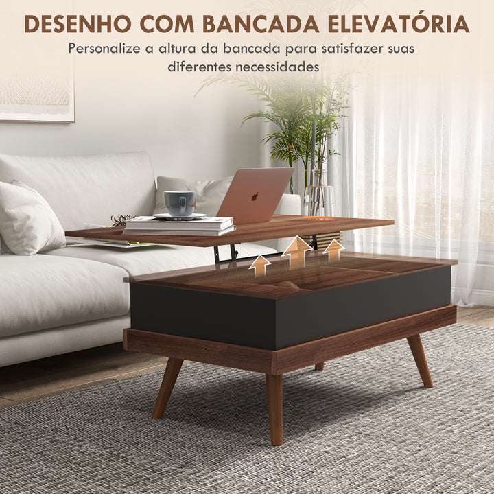 Mesa de Centro Elevatória Mesa de Centro Sala de Estar com 3 Compartimentos de Armazenamento Ocultos e Pés de Madeira para Escritório Dormitório 100x79x54 cm Marrom e Preto