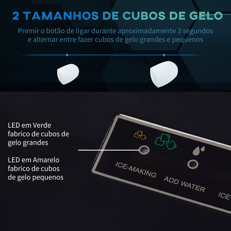 Máquina de Fazer Gelo Máquina de Gelo Doméstica 9 Cubos de Gelo em 6-12 Minutos Capacidade 15 kg em 24h 2 Tamanhos de Gelo Depósito de Água 2,1L 25,2x37,5x31,2 cm Preto