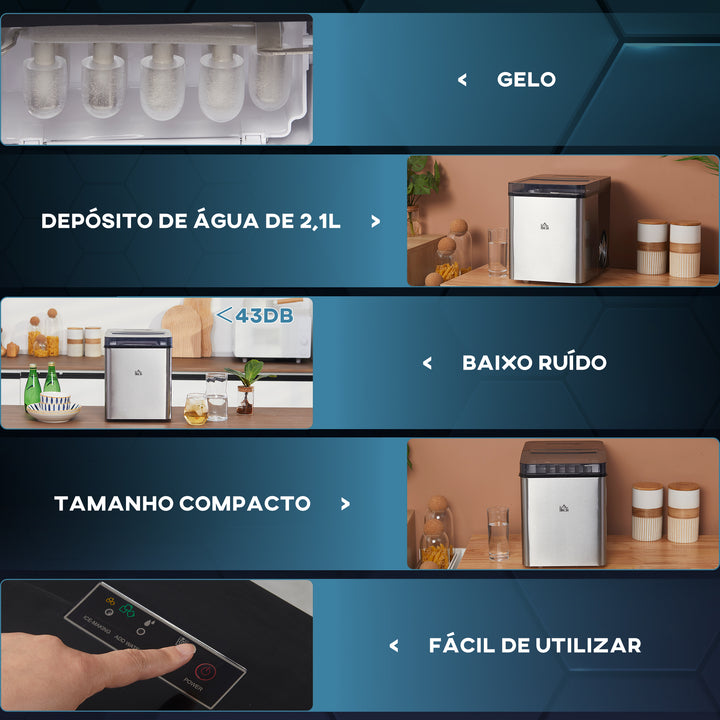 Máquina de Fazer Gelo Máquina de Gelo Doméstica 9 Cubos de Gelo em 6-12 Minutos Capacidade 15 kg em 24h 2 Tamanhos de Gelo Depósito de Água 2,1L 25,2x37,5x31,2 cm Preto