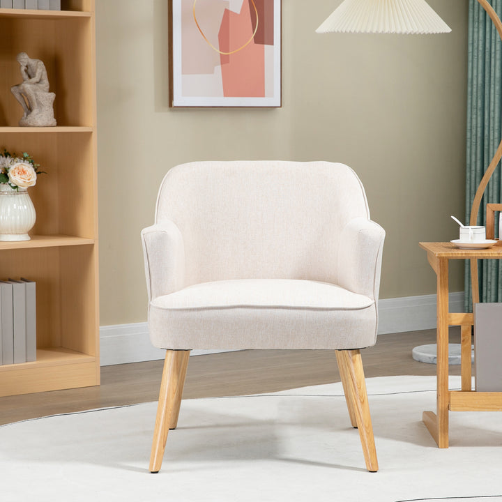 Poltrona Estilo Nórdico Poltrona para Sala de Estar Estofada em Linho com Pés de Madeira para Dormitório Escritório Estúdio Carga 120 kg 64,5x65x79,5 cm Creme
