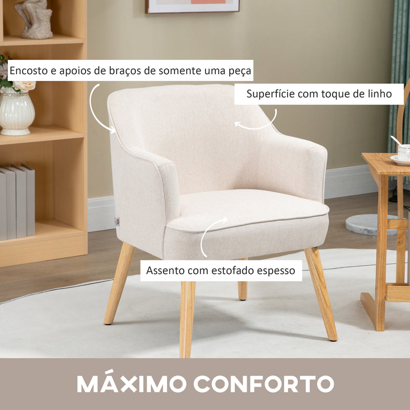 Poltrona Estilo Nórdico Poltrona para Sala de Estar Estofada em Linho com Pés de Madeira para Dormitório Escritório Estúdio Carga 120 kg 64,5x65x79,5 cm Creme