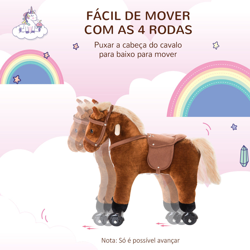 Cavalo para Crianças acima de 36 Meses Cavalo com Rodas Sons de Relincho e Pedais Carga Máxima 60 kg 55x23x60 cm Marrom