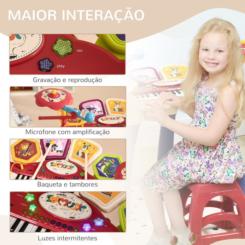 Piano Eletrónico para Crianças com 32 Teclas Piano Infantil 2 em 1 com Microfone Banco Luzes 19 Músicas Bateria e Volume Ajustável 74x32,2x71 cm Multicor