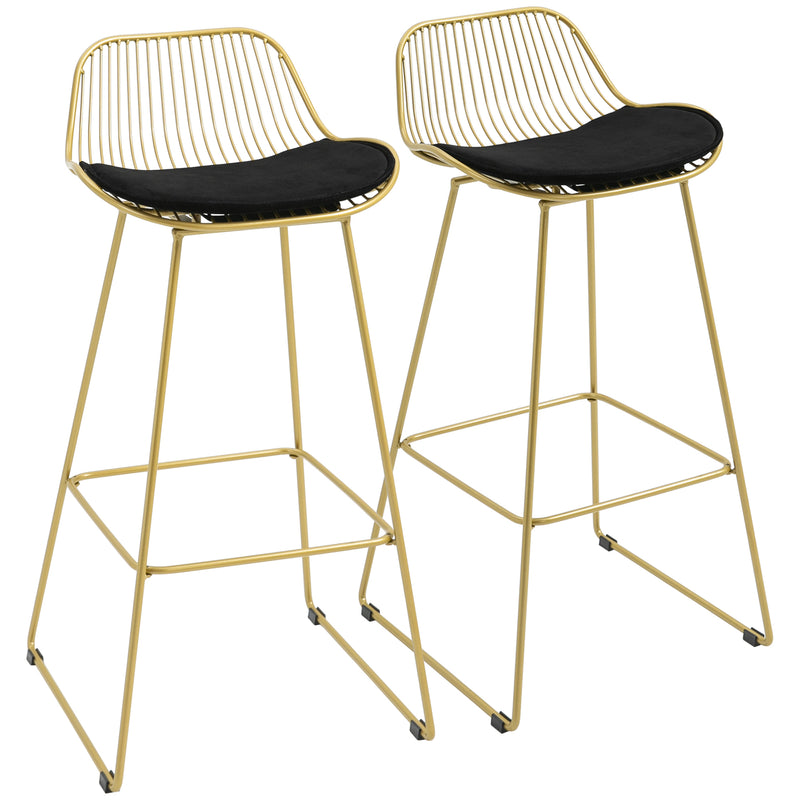 Conjunto de 2 Bancos Altos de Cozinha Moderno Bancos de Bar com Almofada de Veludo Encosto e Apoio para os Pés Carga 120 kg 46,5x48x93 cm Dourado