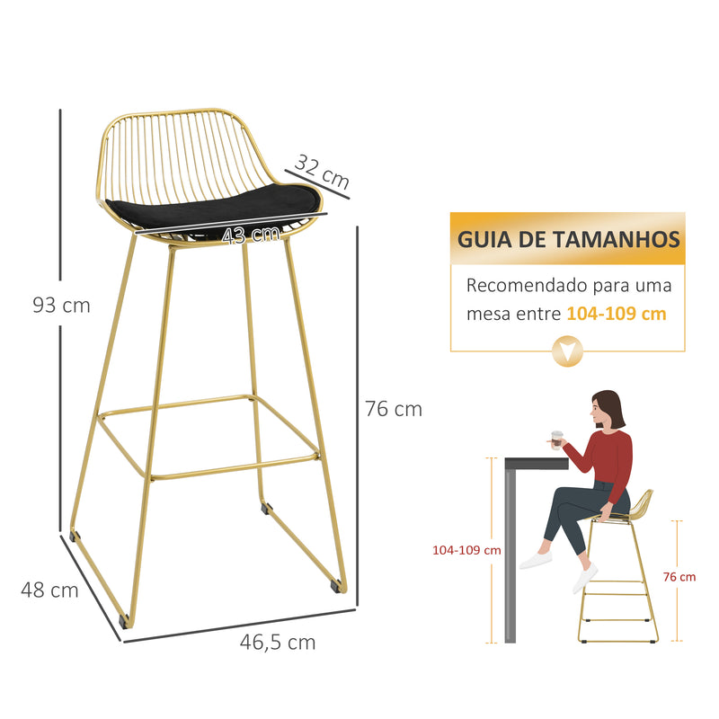 Conjunto de 2 Bancos Altos de Cozinha Moderno Bancos de Bar com Almofada de Veludo Encosto e Apoio para os Pés Carga 120 kg 46,5x48x93 cm Dourado