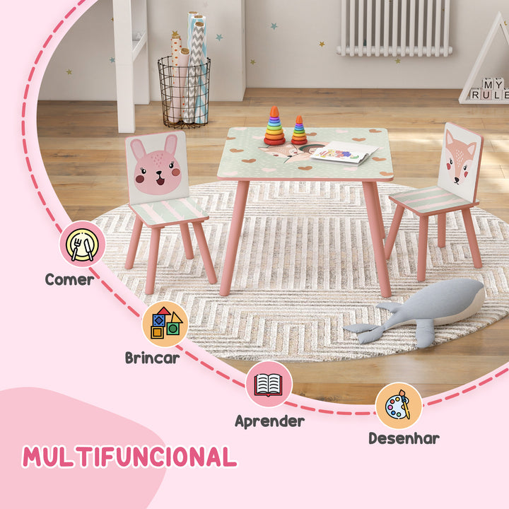 Conjunto de Mesa e Cadeiras para Crianças de 3 Peças Mesa Infantil com 2 Cadeiras Conjunto de Móveis para Atividades com Crianças de 3-8 Anos para Dormitório Sala de Jogos Rosa